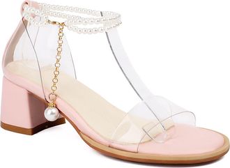 Generic Womens Pearl Ankle Strap Wedding Dress Shoes Open Toe Slingback Summer Sandals Mid Block Heel Bridal Pumps,Pink,3.5 UK