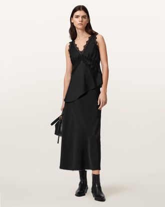 AllSaints Polyester Darya Bias Cut Maxi Skirt, Size: UK 14/US 10