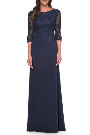 La Femme Jersey Gown with Boat Neckline and Lace Detailing in Navy at Nordstrom, Size 10