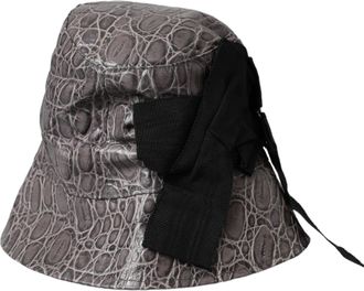 Dolce & Gabbana Womens Black Gray Patterned Leather Bucket Hat And Cotton Viscose