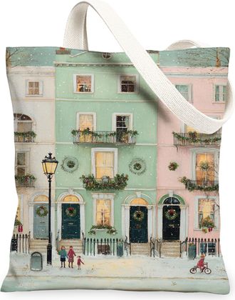 Generic Winter Canvas Tote Bags, Cozy House Pattern Reusable Grocery Bags, Festive Vintage Lightweight Washable Shoulder Strap Canv, Green, 13x15 Inch