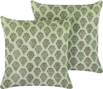 Beliani Set of 2 Decorative Cushions RUNGIA Velvet 45 x 45 cm Green Floral Pattern