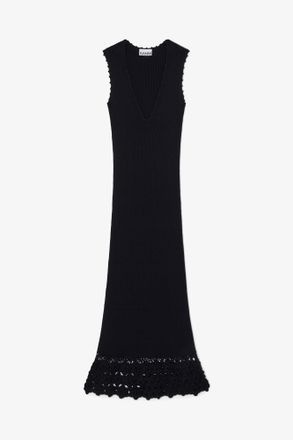 Ganni Black Long Dress in Cotton Crochet