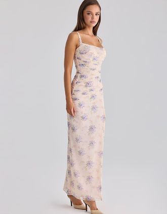 House of CB Lini - Vestito lungo in rete elasticizzata avorio con stampa di peonie-Bianco
