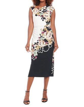 Maggy London Floral Midi Sheath Dress In Black/raspberry