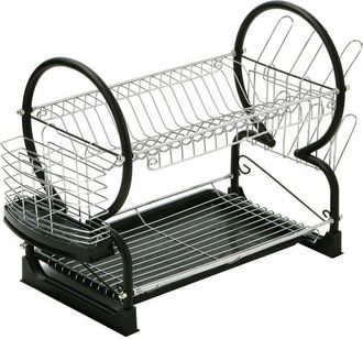 Premier Housewares 0509635 Scolapiatti, 2 Ripiani, Vasca di Gocciolamento Rimovibile, Cromo/Smalto, Nero