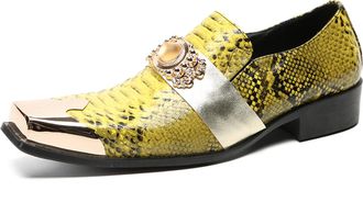 Generic Mens Slip On Shoes Penny Loafers - Genuine Leather Dress Shoes with Metal-Square Toe for Prom Wedding Party Disco Bar (Yellow 1,11.5)