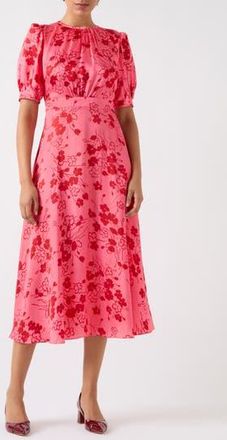 L.k. Bennett Jem Puff Sleeve Hammered Satin Midi Dress in Pink at Nordstrom Rack, Size 12 Us / 16 Uk