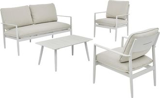 Vente-Unique Conjunto de jard&iacute;n de aluminio: un sof&aacute; 2 plazas, 2 sillones y una mesa baja - Blanco con cojines beige - TAVINYA de MYLIA