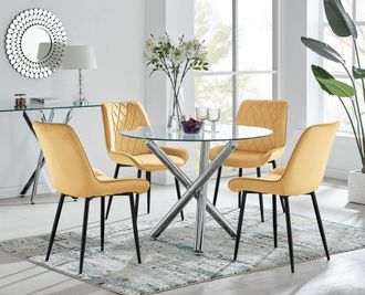 Furniturebox Selina Round Glass Chrome Leg Dining Table & Pesaro Black Leg Chairs in Mustard | Size: 4 Person