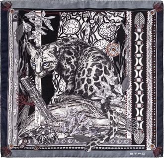 Etro Accessoires, Heren, Grijs, ONE Size, Leer, Zijden pochet met geplaatste luipaardprint