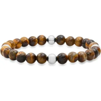 Steeltime Mens Stainless Steel & Tigers Eye Bead Bracelet in Brown at Nordstrom Rack