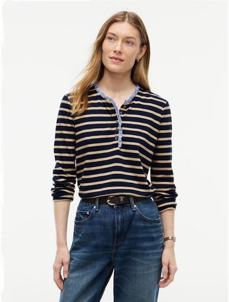 Tommy Hilfiger Womens Ruffle-Trim Striped Interlock Henley - Dark Beige - XXL