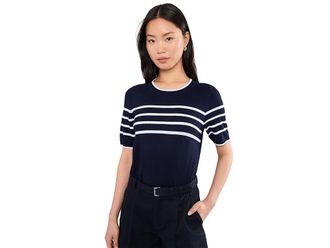 Liverpool L.A. Petite Short Sleeve Crew Neck Sweater Womens Sweater Navy/White Stripe : PXL, Polyester/Viscose