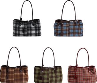 Generic Women Woolen Cloth Plaid Shoulder Bag Maillard Handbag for Daily Use (Black)