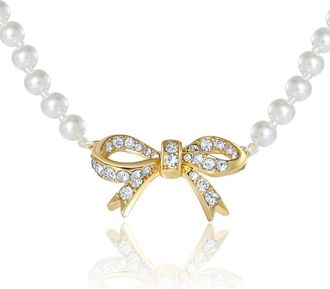 Juicy Couture Pearl Necklace with Pav&eacute; Bow, Gold-Tone Accents in White, Gold Tone at Nordstrom