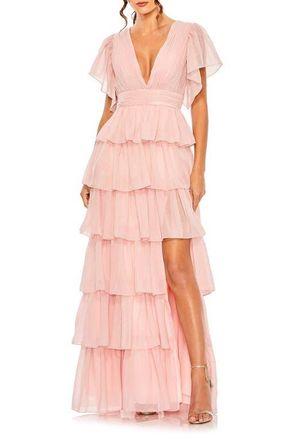 Mac Duggal Womens Flutter Sleeve Tiered Ruffle Chiffon Gown in Petal Pink at Nordstrom, Size 18