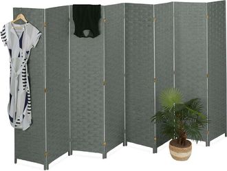 Relaxdays Relaxdays - Biombo 8 Paneles Plegable, Separador Ambientes, 170x320 cm, Pantalla Interior, Madera, Cuerda de Papel, Gris