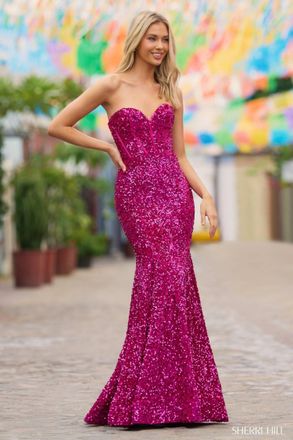 Sherri Hill Strapless Sequin Velvet Gown In Fuchsia