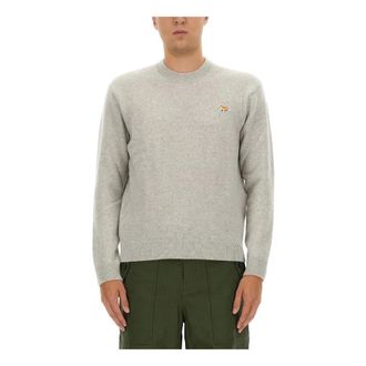 Maison Kitsun&eacute; Round-neck Knitwear, male, Gray, Size: 2XL Baby Fox Patch Regular Jumper