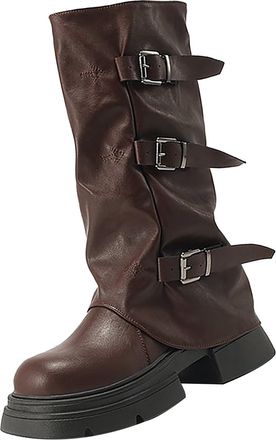 Generic Narrow Boots for Skinny Legs, Womens Fold Over Slouchy Calf Wide Fit Boots Low Heel Mid-Calf Round Toe Booties Thick Bottom Chunky Heels Pull On Ridin