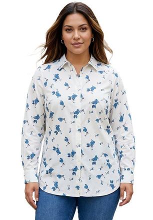 Roaman's Plus Size Kate Long Sleeve Easy Cotton-Blend Button-Front Shirt in White Pretty Floral at Nordstrom, Size 40
