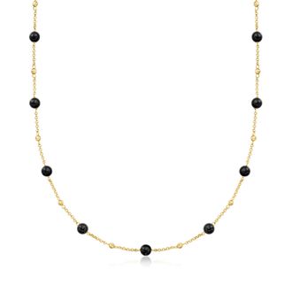 Ross-Simons Italian 6mm Onyx Bead Station Necklace in 18kt Gold Over Sterling