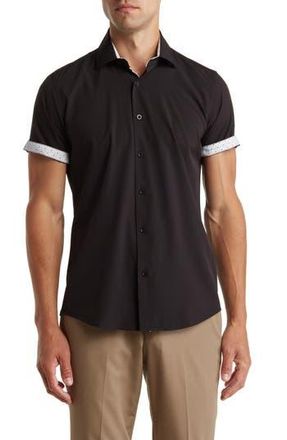 Tom Baine Slim Fit Short Sleeve Performance Stretch Button-Up Shirt in Black at Nordstrom Rack, Size X-Large