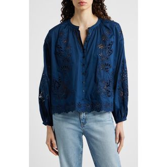 Farm Rio Artisanal Button-Up Top in Navy Blue at Nordstrom, Size Xx-Small