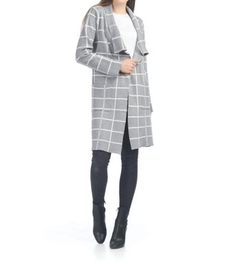 Papillon Window Pane Drape Long Cardigan With Pockets In Light Grey