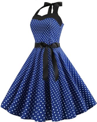 Generic Womens 50s 60s Retro Halter Neck Polka Dot Print A Line Rockabilly Dress Sleeveless Backless Vintage Swing Prom Party Dresses Formal Knee Length Cockt
