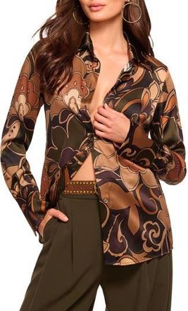 Ramy Brook Retro Floral Stretch Silk Bitton-Up Shirt in Boho Brown Combo at Nordstrom Rack, Size Xx-Small