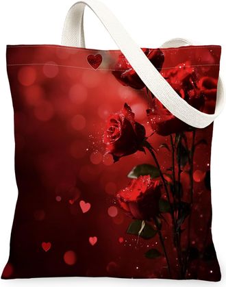 Generic Valentines Day Red Wine Canvas Tote Bag for Shopping 13x15, Red Romantic Love Reusable Grocery Print Bag for Women, Holiday Beach Aesthetic Painting G