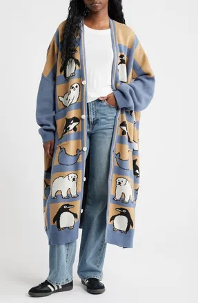 Dressed in Lala Chill Out Longline Cardigan in Blue And Tan at Nordstrom, Size Large