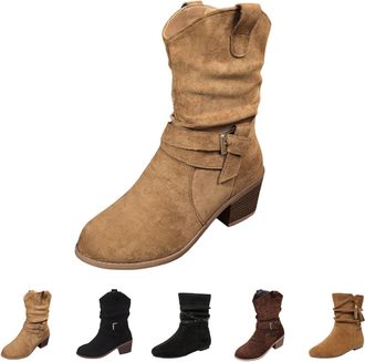 Generic Women Suede Mid-Calf Boots Winter Chunky Heels Pleated Short Boots Ladies Slouchy Round Toe Rouched Shoes Casual Comfortable Slip On Boot Fall Winter 