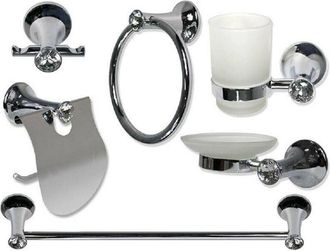 Trade Shop Trade Shop Traesio - Cleafe - Set Bagno 6 Pz Acciaio e Vetro Punti Luce Cristalli Porta Rotolo Saponetta 52437