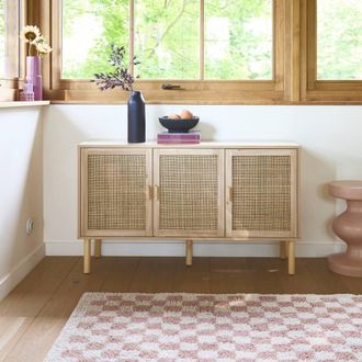 Sweeek 120cm Sideboard With Wooden & Woven Effect With 3 Doors in Light Brown