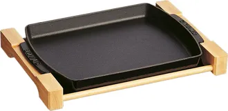 Staub Cast Iron 13 x 9-inch Rectangular Serving Dish with Wood Base - Matte Black