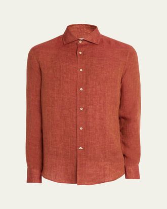 Brunello Cucinelli Mens Linen Spread Collar Button-Down Shirt