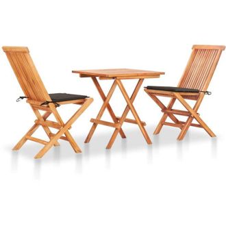 vidaXL Set De Bistr&oacute; 3 Pzas Con Cojines Gris Taup&eacute; Madera Maciza Teca Vidaxl