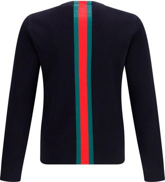 Gucci Mens Knitted Cotton Sweater With Web Intarsi Blue Japan-Green-Red Japan/green/red