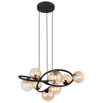 Netlighting Tuberius Globe Pendant Matt Black Amber Glass Shade 8x G9 3000K