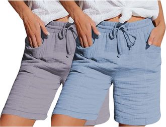 Generic 2 Pack Cotton Linen Shorts for Women UK Summer Ladies Solid Colour Drawstring Knee Length Cropped Trousers with Pockets Elastic Waist Loose Casual Cap