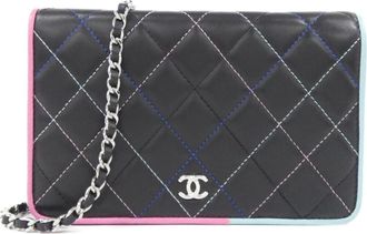 Chanel Black Blue Green Pink Leather Chain/Shoulder Wallet (Pre-Owned)