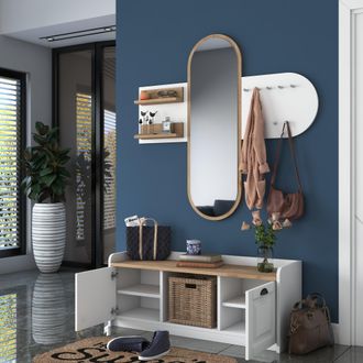 Dmora Mueble De Entrada Crespino, Espejo Incluido, 5 Estantes, Perchero, 120x40x45h Cm Blanco