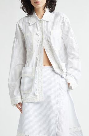 EENK Stripe Lace Trim Cotton Button-Up Shirt in Ivory/Black at Nordstrom, Size X-Small
