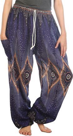 Lofbaz Womens Drawstring Diamond Harem Boho Genie Pants Blue 4XL