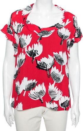 Moschino Boutique Moschino Red Printed Crepe Ruffle Cap Sleeves Top