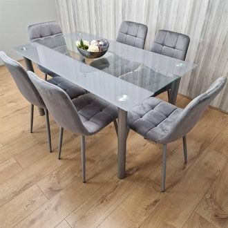 Kosy Koala Grey Glass Dining Table With 6 Grey Velvet Chair Dining Room Furniture