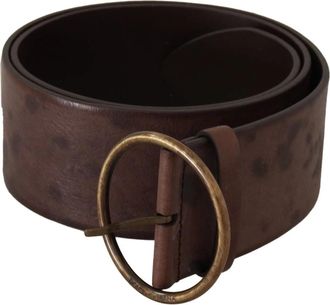 Dolce & Gabbana Brede Kalfsleren Riem met Rond Logo en Gesp - Dames - Riemen - Bruin - ONE Size - Leer - Accessoires